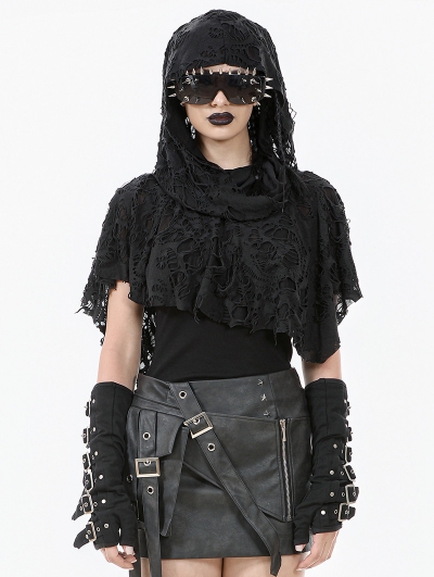 Black Gothic Punk Distressed Draped Hooded Capelet for Women