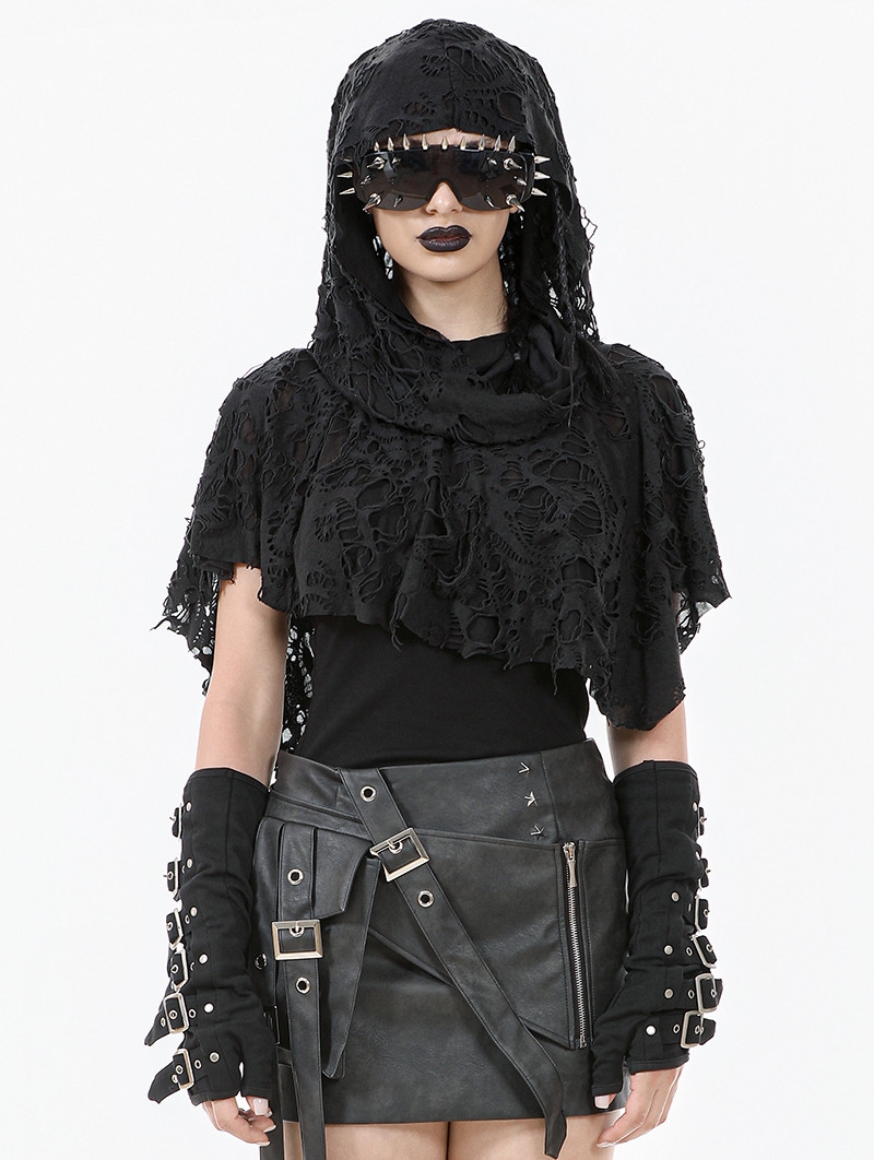 Black Gothic Punk Distressed Draped Hooded Capelet for Women
