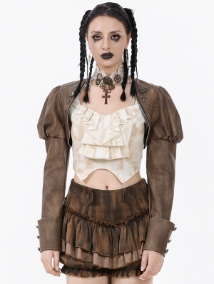 Brown Steampunk Vintage Metal Detail Shoulder Cape for Women