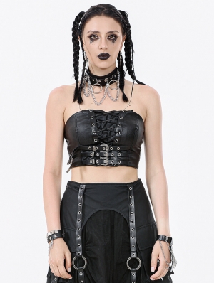 Black Gothic Punk Metal Belted Grommet Lace-Up Corset Top for Women