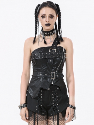 Black Gothic Punk Asymmetric Buckled Faux Leather Corset Top for Women