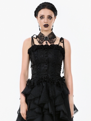 Black Gothic Floral Jacquard Tie Strap Bustier Top for Women