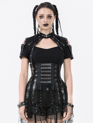 Black Gothic Grommet Lace-Up Corset with High-Low Mesh Skirt
