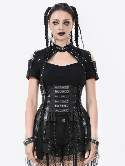 Black Gothic Grommet Lace-Up Corset with High-Low Mesh Skirt