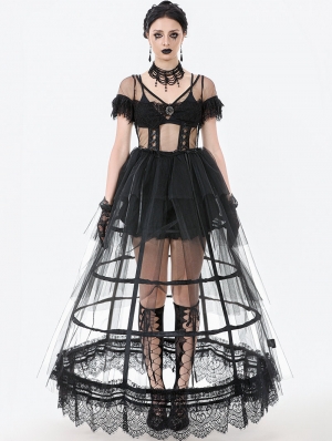 Black Sexy Gothic Transparent Layered Trim Mesh Long Dress