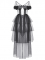 Black Sexy Gothic Transparent Layered Trim Mesh Long Dress