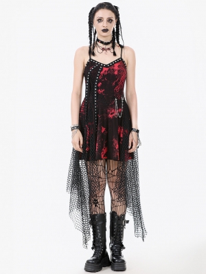 Red and Black Gothic Punk Asymmetric Fishnet Overlay Dress