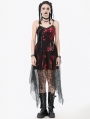 Red and Black Gothic Punk Asymmetric Fishnet Overlay Dress
