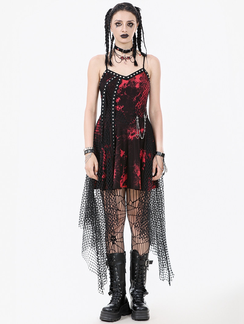 Red and Black Gothic Punk Asymmetric Fishnet Overlay Dress