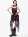 Red and Black Gothic Punk Asymmetric Fishnet Overlay Dress