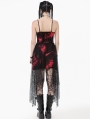 Red and Black Gothic Punk Asymmetric Fishnet Overlay Dress