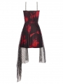 Red and Black Gothic Punk Asymmetric Fishnet Overlay Dress