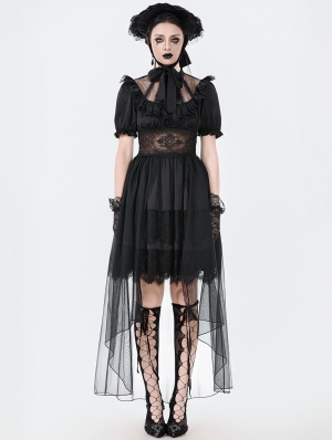 Black Dark Gothic Short Puff Sleeve Mesh Layered High-Low Dress