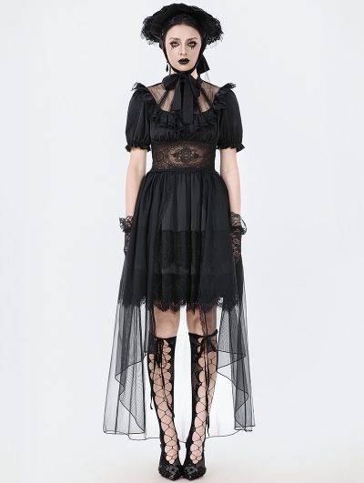 Black Dark Gothic Short Puff Sleeve Mesh Layered High-Low Dress
