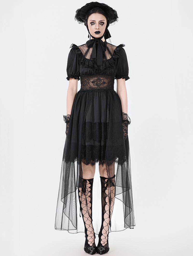 Black Dark Gothic Short Puff Sleeve Mesh Layered High-Low Dress