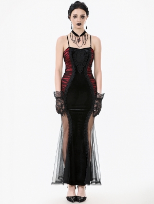 Black and Red Sexy Gothic Lace Applique Bodycon Fishtail Long Dress