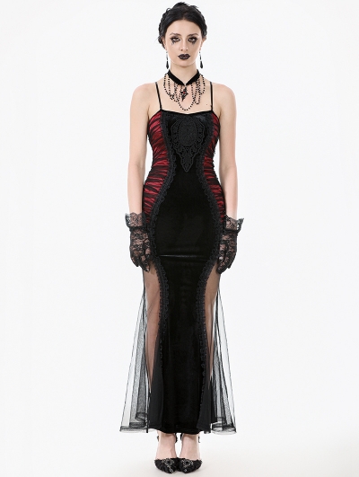 Black and Red Sexy Gothic Lace Applique Bodycon Fishtail Long Dress