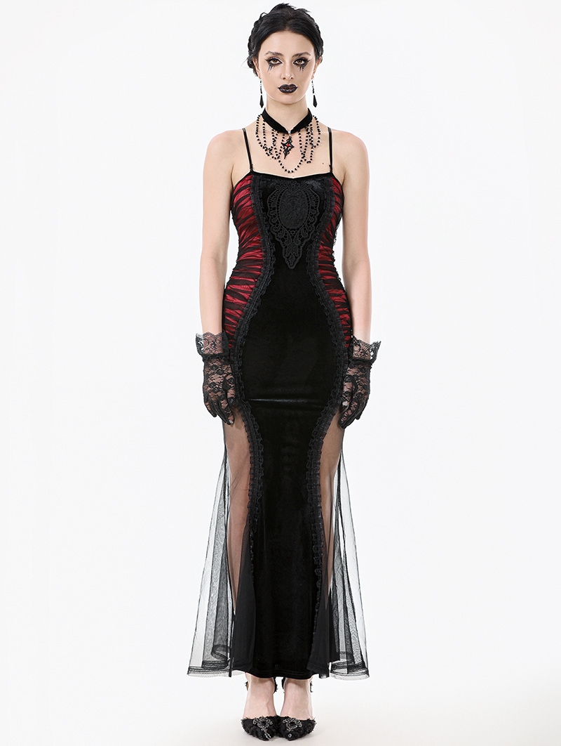 Black and Red Sexy Gothic Lace Applique Bodycon Fishtail Long Dress