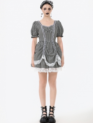 Black and White Lace Trim Gothic Lolita Striped Short Dress