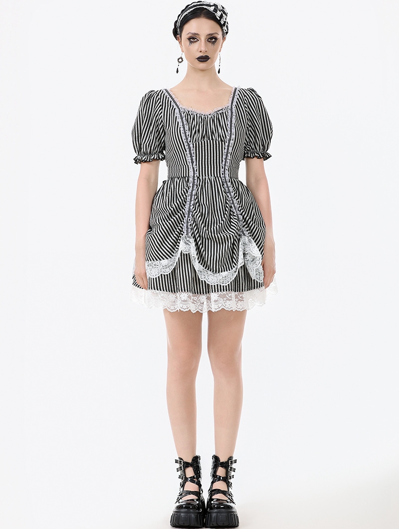Black and White Lace Trim Gothic Lolita Striped Short Dress