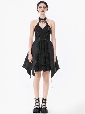 Black Gothic Rhinestone Tassel Halter Sleeveless Short Dress