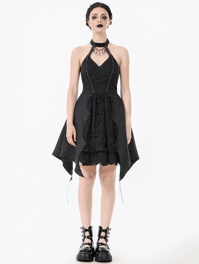 Black Gothic Rhinestone Tassel Halter Sleeveless Short Dress