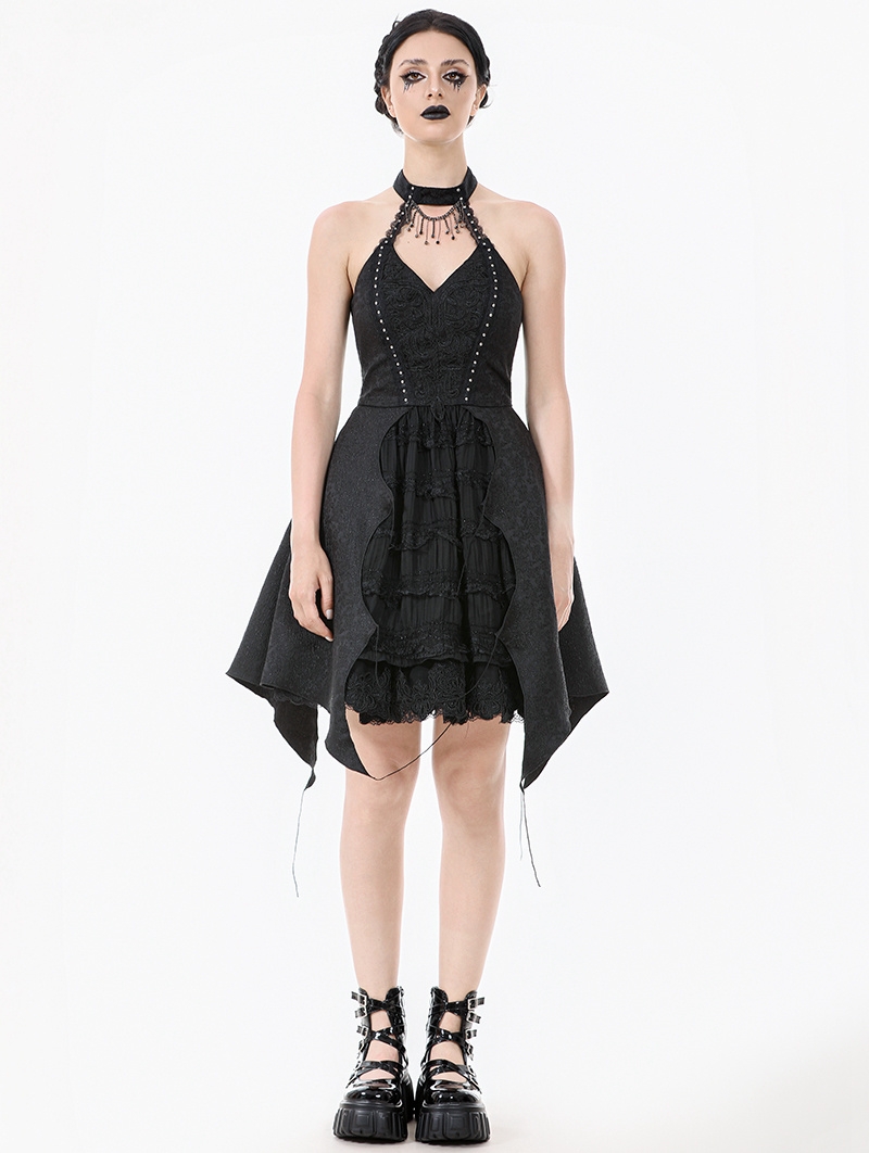 Black Gothic Rhinestone Tassel Halter Sleeveless Short Dress