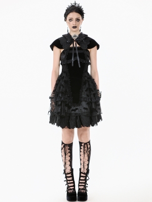 Black Gothic Bat Coffin Mesh Spliced Velvet Short Dress