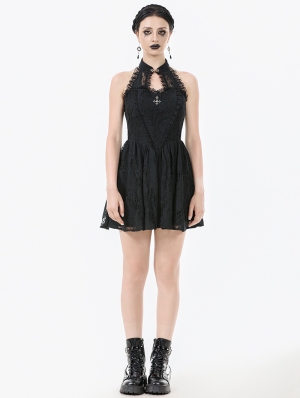 Black Gothic Cut Out Lace Halter Sleeveless Short Dress