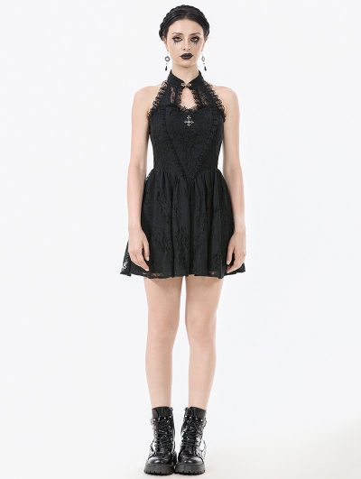 Black Gothic Cut Out Lace Halter Sleeveless Short Dress