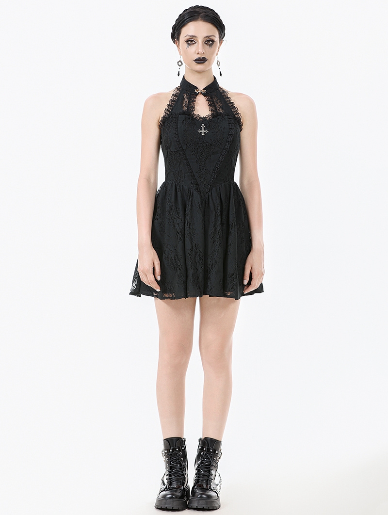 Black Gothic Cut Out Lace Halter Sleeveless Short Dress