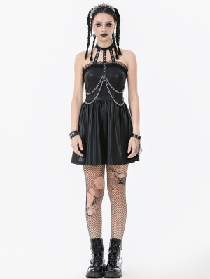 Black Gothic Punk Halter Eyelet Strap Short Leather Dress