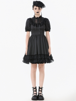 Black Gothic Lace-Up Lolita Short Puff Sleeve Dress