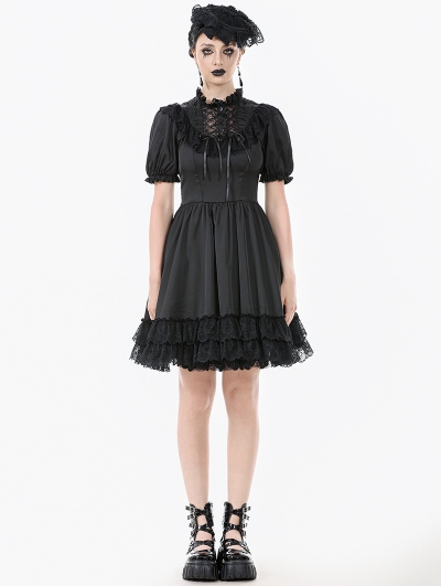 Black Gothic Lace-Up Lolita Short Puff Sleeve Dress