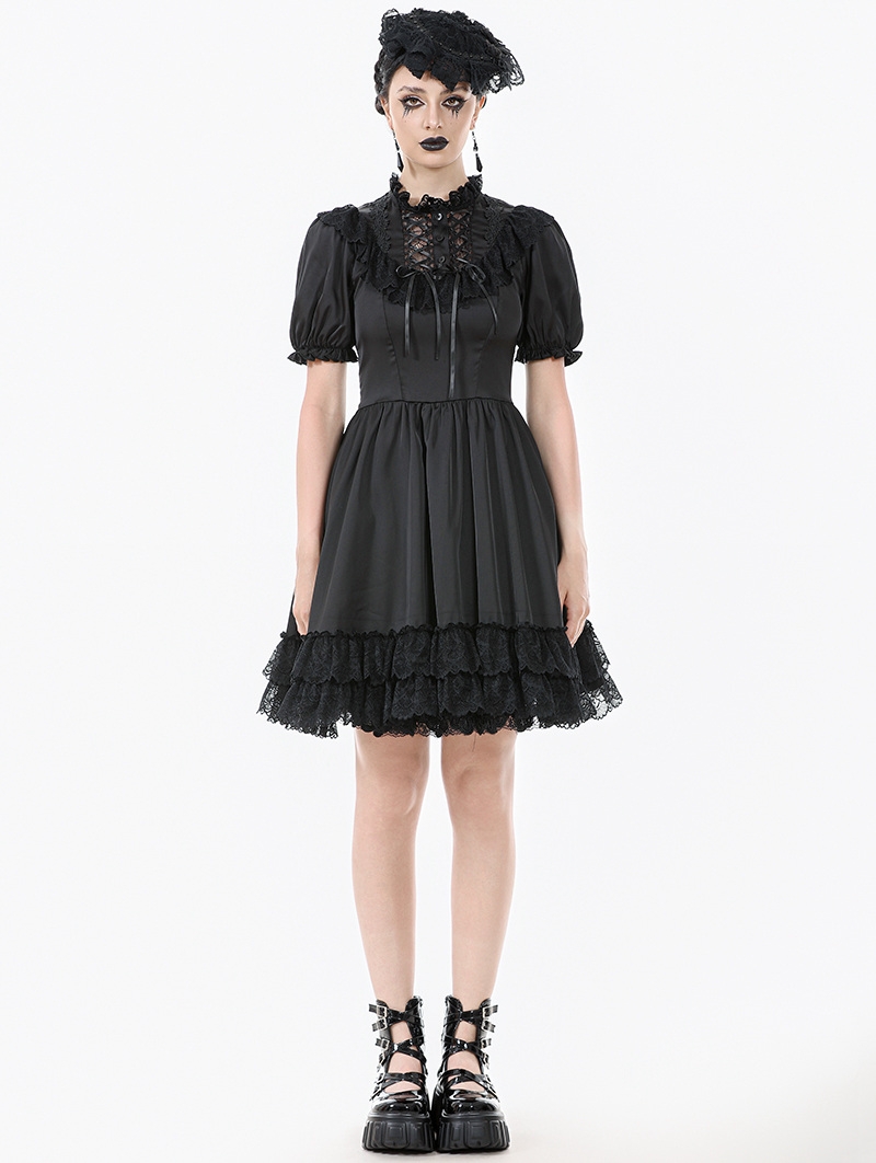 Black Gothic Lace-Up Lolita Short Puff Sleeve Dress