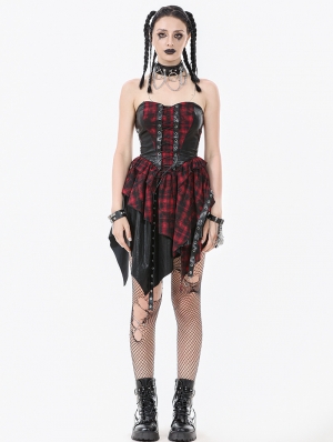Black and Red Gothic Punk Plaid Faux Leather Asymmetric Dress