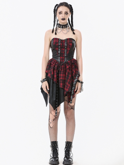 Black and Red Gothic Punk Plaid Faux Leather Asymmetric Dress