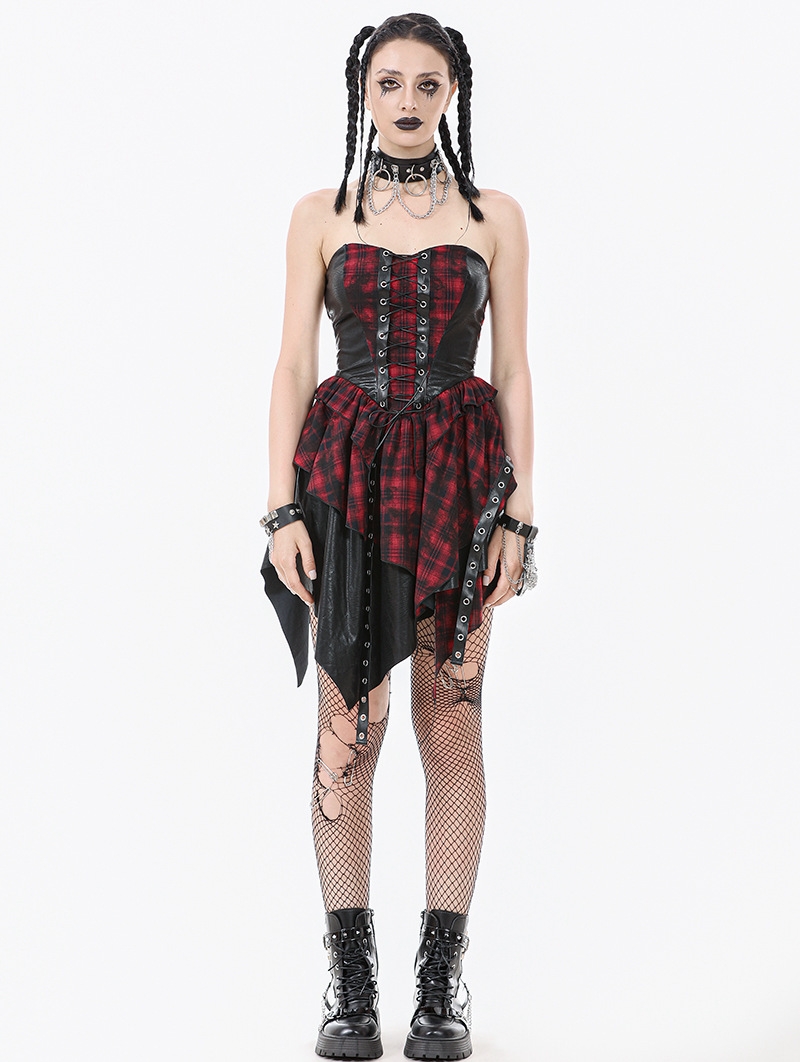Black and Red Gothic Punk Plaid Faux Leather Asymmetric Dress