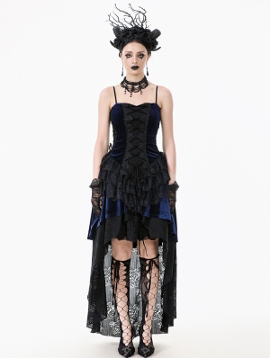 Black and Royal Indigo Velvet Lace Gothic Tiered Tail Party Dress