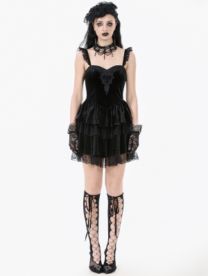 Black Gothic Velvet Lace Applique Layered Short Dress