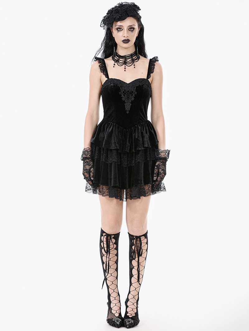 Black Gothic Velvet Lace Applique Layered Short Dress