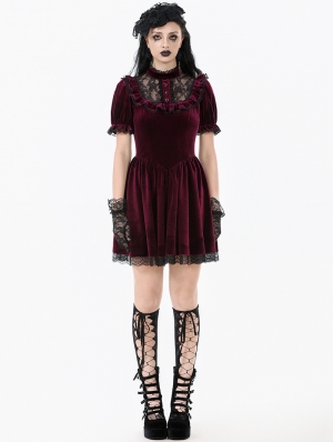 Dark Red Gothic Velvet Lace Frilly Short Puff Sleeve Dress