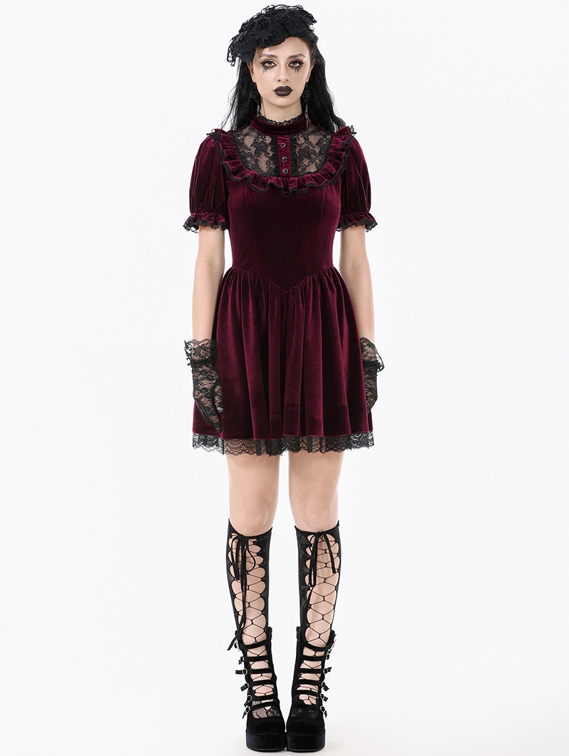 Dark Red Gothic Velvet Lace Frilly Short Puff Sleeve Dress