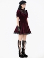 Dark Red Gothic Velvet Lace Frilly Short Puff Sleeve Dress