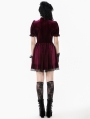 Dark Red Gothic Velvet Lace Frilly Short Puff Sleeve Dress