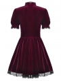 Dark Red Gothic Velvet Lace Frilly Short Puff Sleeve Dress