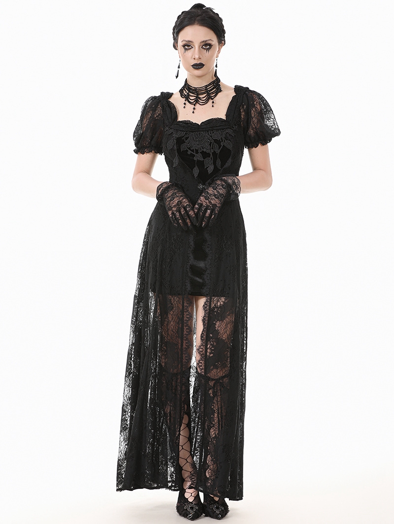 Black Gothic Faux Two-Piece Lace Velvet Rose Maxi Dress