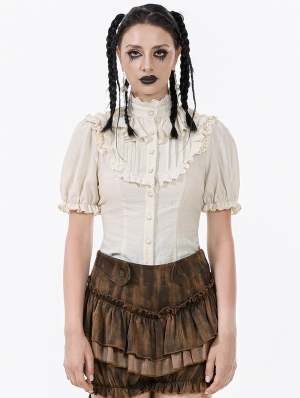 Ivory Vintage Short Puff Sleeve Button Blouse for Women