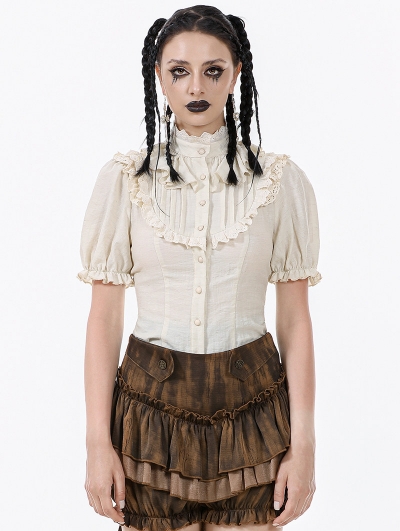 Ivory Vintage Short Puff Sleeve Button Blouse for Women