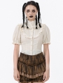 Ivory Vintage Short Puff Sleeve Button Blouse for Women